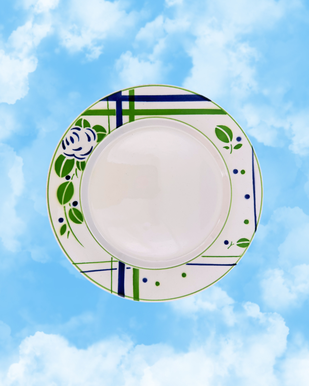 Assiette à dessert vintage Digoin Sarreguemines décor Beaujeu vert et bleu