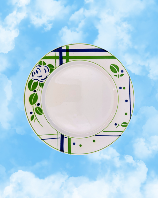 Assiette à dessert vintage Digoin Sarreguemines décor Beaujeu vert et bleu